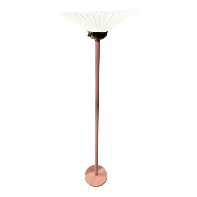 1970s Pink Metal Torchiere Floor Lamp | Scalloped Shade For Sale