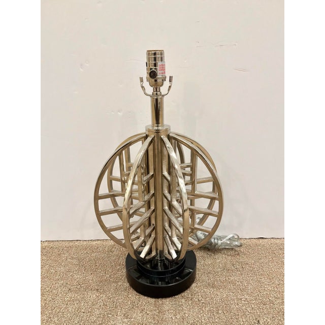 Stylish Currey & Co Deco Sphere Lamp Nickel Finish on round marble base. Sculptural sphere body. Showroom floor sample.