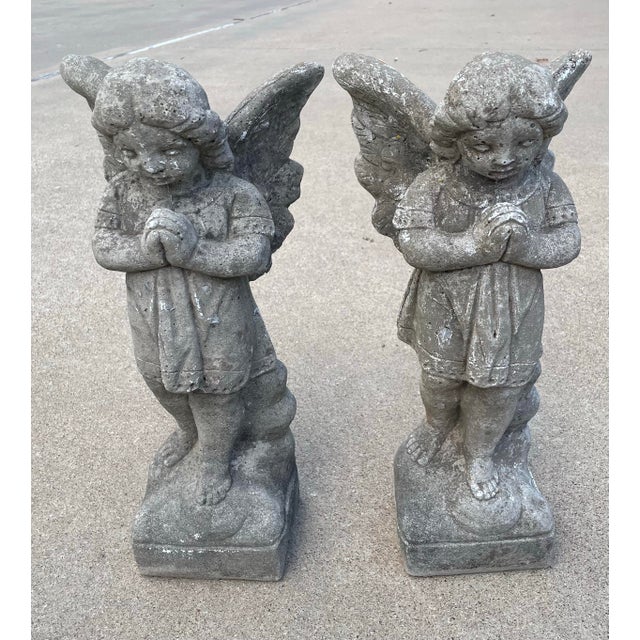 Nice vintage aged pair of standing angel concrete garden ornaments!