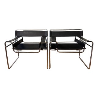 Wassily Chairs in Tubular Steel and Leather by Marcel Breuer, 1970s, Set of 2 For Sale