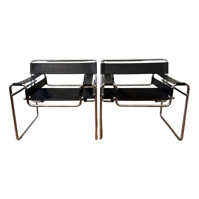 Wassily Chairs in Tubular Steel and Leather by Marcel Breuer, 1970s, Set of 2 For Sale