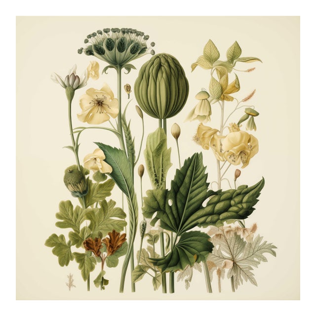 Vintage Botanical Garden Study No. 4 | Botanical Wall Art in Dark Green & Cream For Sale