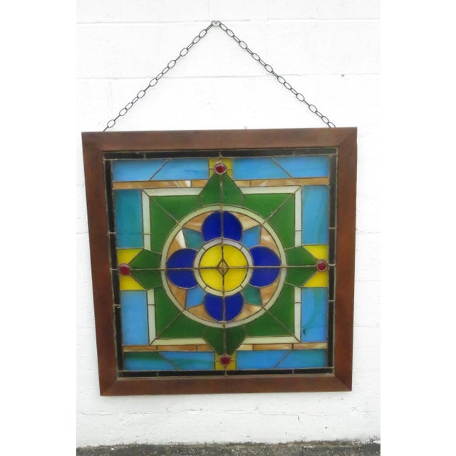 Wood Late 1800s Stained Glass Window Suncatcher Flower Design For Sale - Image 7 of 12