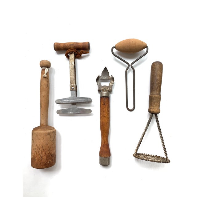 Vintage Rustic Primitive Wood Metal Kitchen Tools Utensils Set of 5