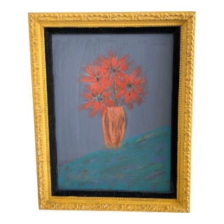 Vibrant Rustic Primitive Floral Burst Painting in Vintage Frame For Sale