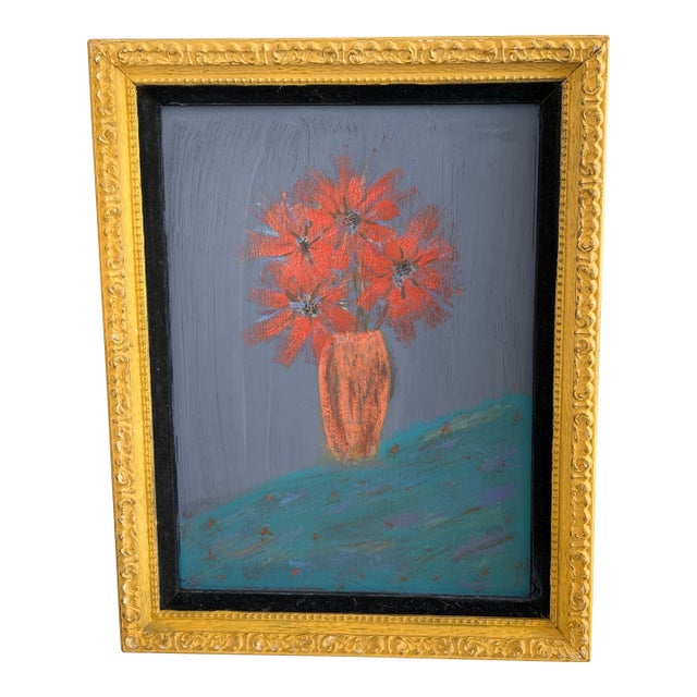 Vibrant Rustic Primitive Floral Burst Painting in Vintage Frame For Sale