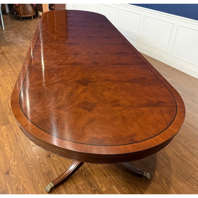 Traditional Oval Banded Mahogany Double Pedestal Dining Table by Leighton Hall -Showroom Sample For Sale - Image 15 of 18