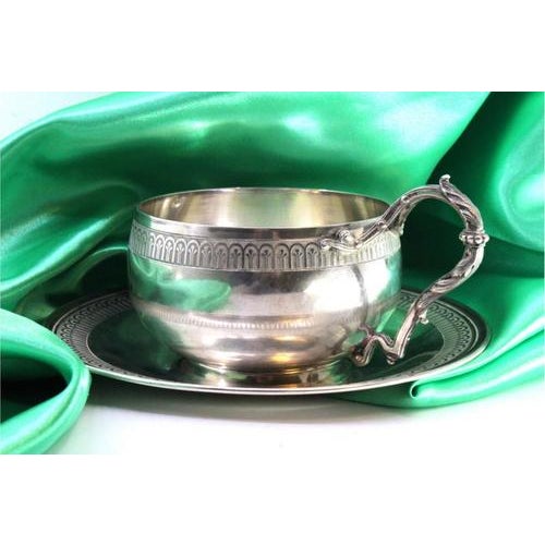 Metal Silver Cup and Saucer with Raised Borders and Cut-Out Handle, Set of 2 For Sale - Image 7 of 7