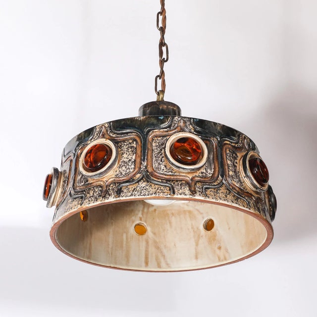 Mid-Century Cool Umber Glazed Ceramic Pendant Chandelier With Amber Glass Detail For Sale In New York - Image 6 of 15