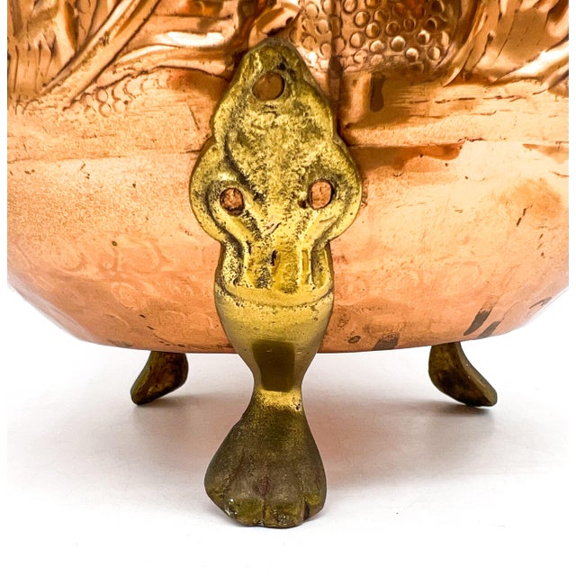 Vintage Embossed Copper Planter / Cachepot With Lion Head Ring Handles & Paw Feet - English / French Country / Rustic European For Sale - Image 13 of 13