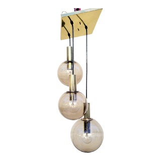 Vintage Mid Century Modern Tiered Smoked 3 Glass Globe Brass Ceiling Light Fixture Chandelier For Sale