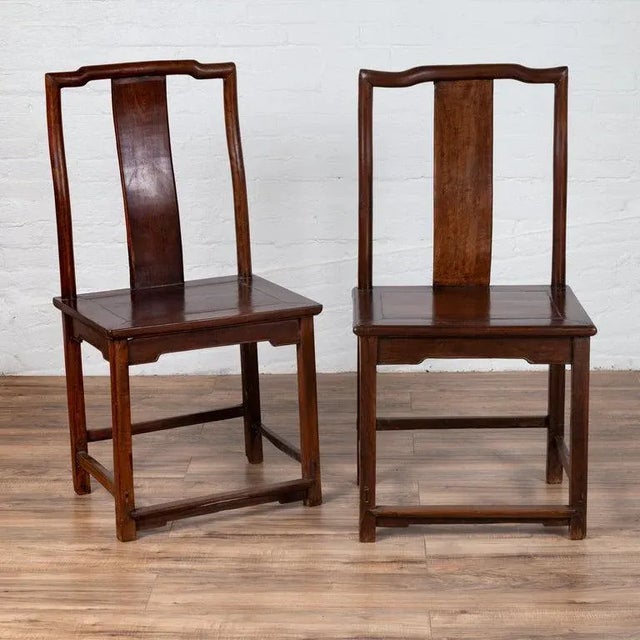 Early 20th Century Chinese Elm Dark Patina Scholar's Ceremonial Chairs - a Pair For Sale - Image 5 of 13
