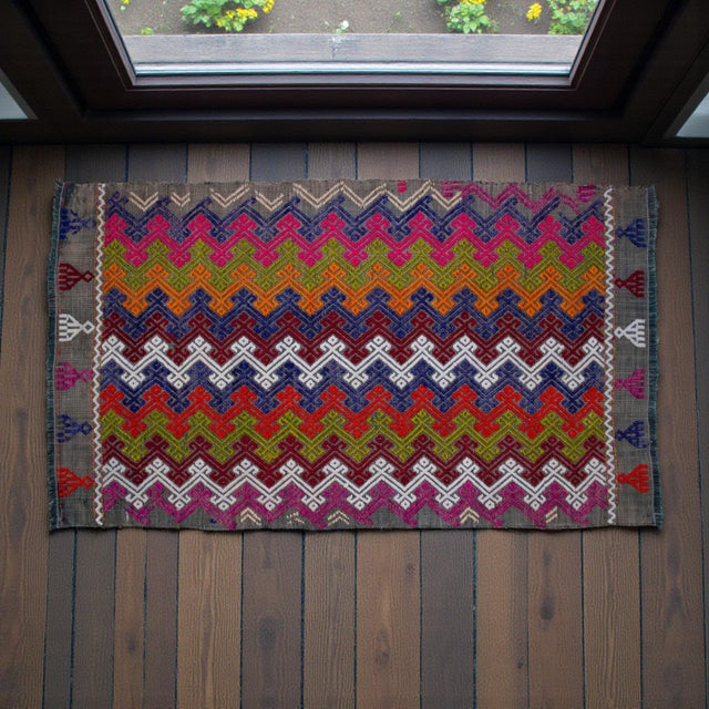 Traditional Hand-Made Braided Turkish Kilim Rug Jajim Handwoven Wool Entryway Door Mat 2x3 Ft Approx For Sale - Image 3 of 12