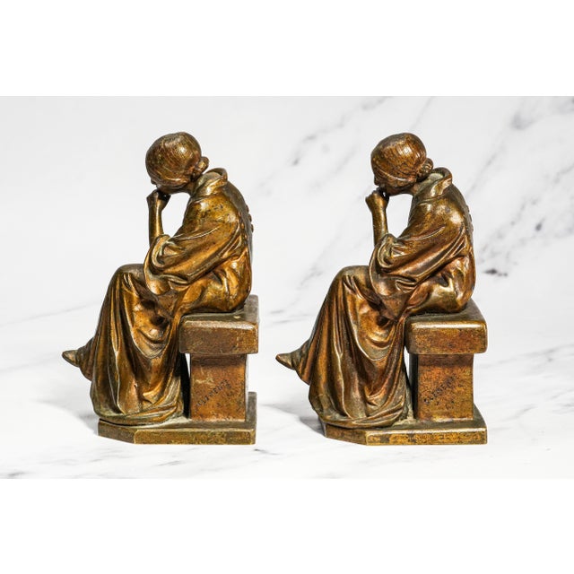 Metal Rare Antique Bertolini Clemente “Pensive” Bronze Woman Figural Sculpture Statue Bookends Ovington New York Luxury Home Decor Art For Sale - Image 7 of 18
