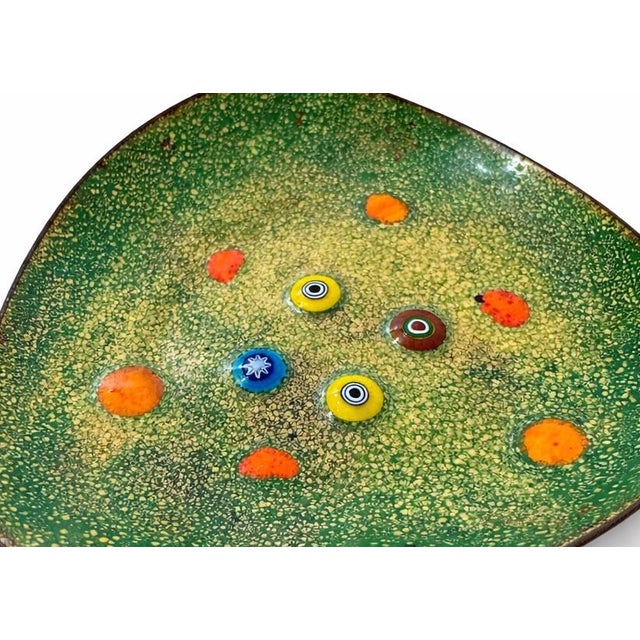 Mid-Century Modern Small Vintage Enamel on Copper Triangular Trinket Dish | Mid-Century Modern Triangle Dish For Sale - Image 3 of 4