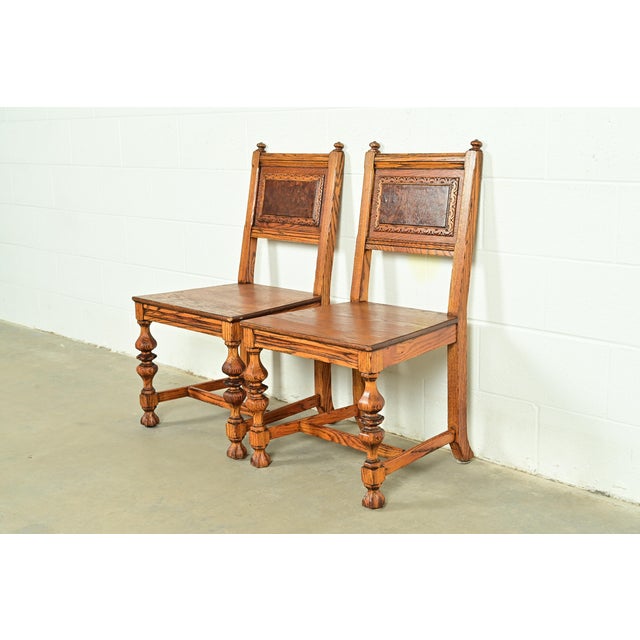 Early Romweber Antique English Jacobean Carved Oak and Burl Wood Side Chairs or Dining Chairs, Pair For Sale - Image 14 of 14