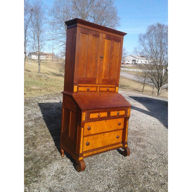 1850s Antique 2 Piece Cherry Curly Maple Slant Front Secretary Desk With Bookcase Top For Sale - Image 13 of 18