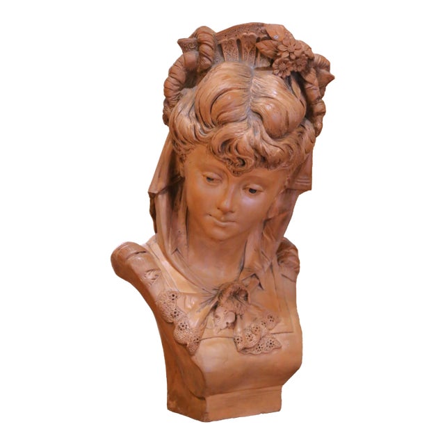 19th Century French Terracotta Bust of a Young Woman Signed Adolphe Lavergne For Sale