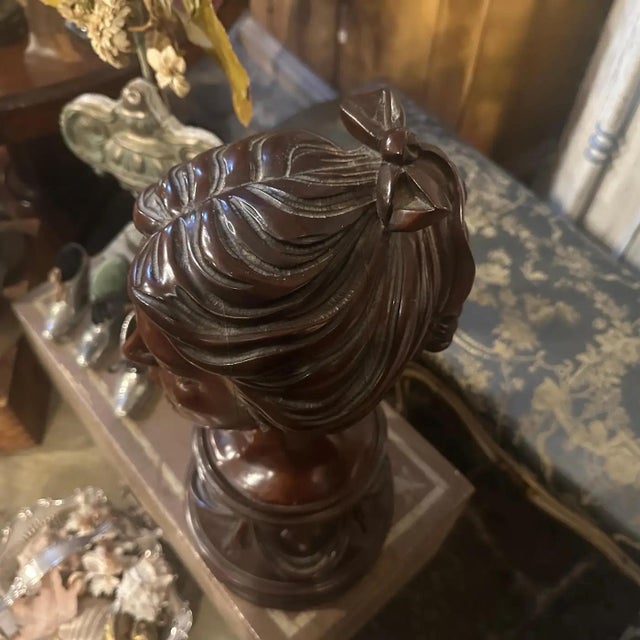 1900s A Sicilian Art Nouveau Wood Sculpture of a Bust of a Young Woman For Sale - Image 12 of 17