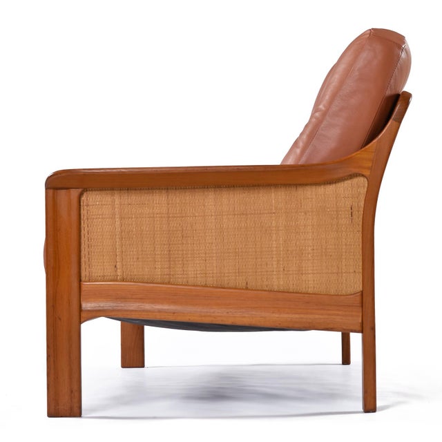Niels Eilersen Danish Modern Teak Sofa With Caned Sides Restored in New Leather For Sale - Image 4 of 16