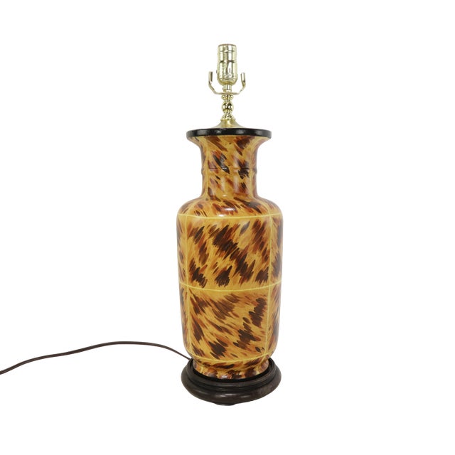 A Pair of Early 21st-Century Hand-Painted Tortoiseshell-Patterned Art Ceramic Table Lamps For Sale - Image 9 of 11