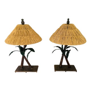 Mid-Century Banana Leaf Lamps With Audoux Style Shade - Set of 2 For Sale