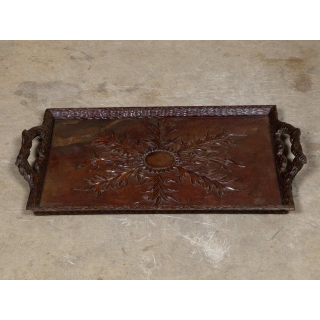 Black Forest Oak Tray with Foliate Carving and Branch Handles, circa 1880 For Sale - Image 4 of 11