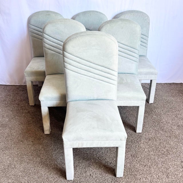 Breezy and refined, this set of six Postmodern Parsons dining chairs channels coastal elegance with their mint green...
