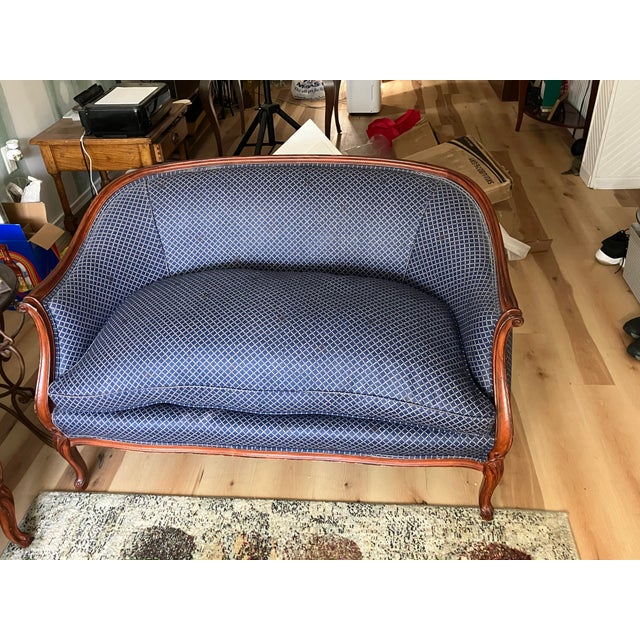 Vintage Meyer Gunther Martini Sofa and Loveseat - French Provincial style in rich Navy with neutral Tan and Brown diamond...