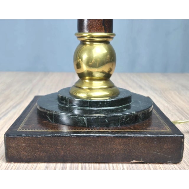 1990s Brass Marble Leather Wrapped Candlestick Table Lamps, Maitland Smith Style - a Pair For Sale - Image 12 of 16