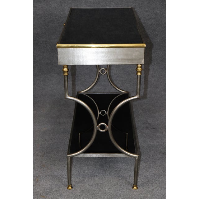 Metal John Vesey Attributed Steel & Brass Two Teir Console W/ Black Glass For Sale - Image 7 of 13