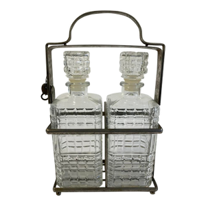 Early 20th Century Antique Tantalus Decanter Set With Locking Mechanism – Cut Glass & Metal Frame- 3 Pieces