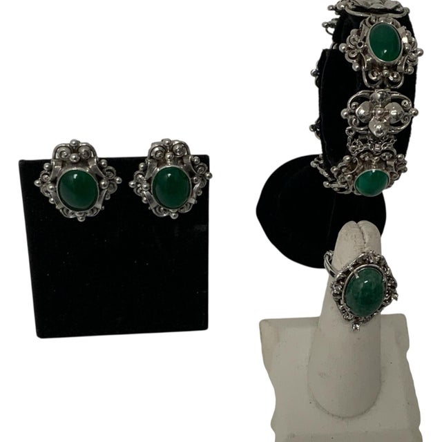 Antique Fratelli Peruzzi Florence 800 Silver Green Onyx Jewelry Suite Bracelet Earrings Ring Made in Italy c. 1920s-1930s....