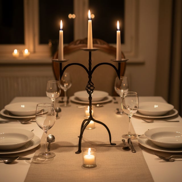 Grounded Grandeur: The Wide Bronze Tabletop Candelabra ️ Elevate your gatherings with the Hand-Forged Wrought Iron...