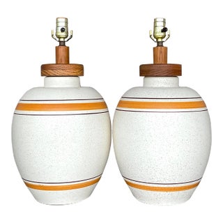 Vintage Boho Matte Ceramic Stripe Lamps - a Pair For Sale