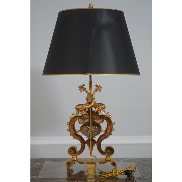 French Antique French Bronze Dolphin Andiron Converted Table Lamps - a Pair For Sale - Image 3 of 15