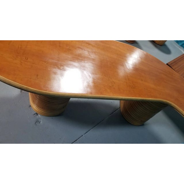 Restored Rattan & Mahogany Asymmetric "J" Coffee Table For Sale - Image 4 of 4