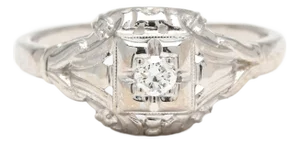 Art Deco Diamond Engagement Ring, 18k White Gold, Ring Size 4.25