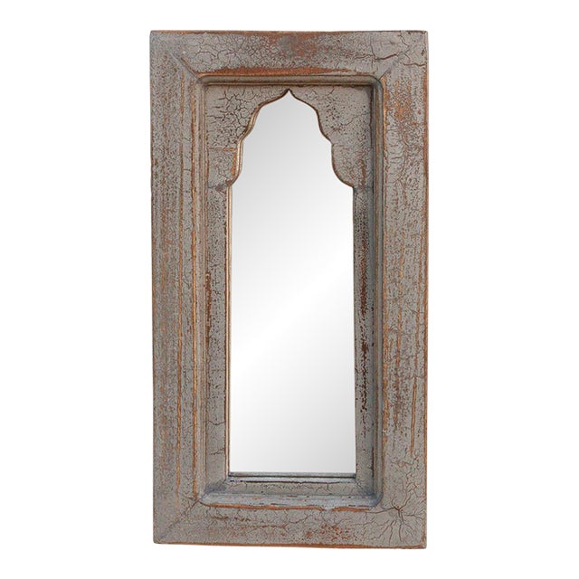 Boho Slate Gray Indian Arched Mirror For Sale