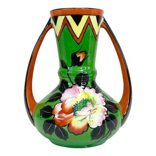 Vintage Art Deco Boho Chic Hand-Painted Double Handle Vase. For Sale