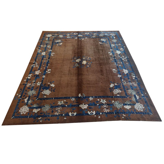 Contemporary 1920s Minimalist Open Brown Field Floral Chinese Room Size Peking Wool Rug For Sale - Image 3 of 7