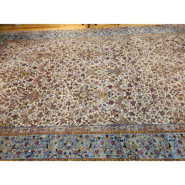 Ivory Vintage Oversized Persian Kerman Lavar Rug, Hand-Knotted Wool, Allover Vase Pattern, Ivory & Blue, 11’ X 19’ For Sale - Image 8 of 18