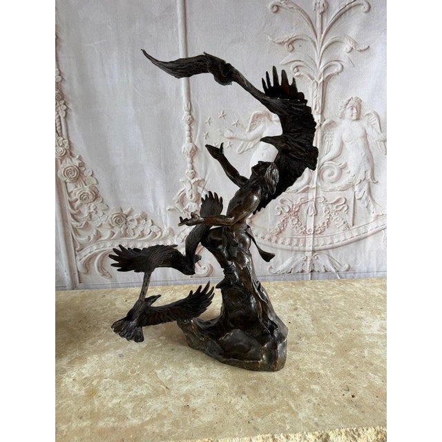 Monumental Bronze Sculpture of Native Warrior and Eagles, Dynamic Art For Sale - Image 4 of 14
