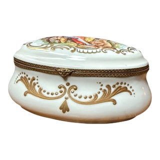 Signed Hand Painted Antique Porcelain Hinged Oval Dresser Box or Jewelry Casket. For Sale