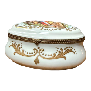 Signed Hand Painted Antique Porcelain Hinged Oval Dresser Box or Jewelry Casket.