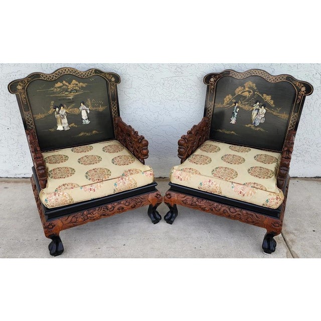 Chinese Hand-Carved Dragon Throne Armchairs Pair For Sale In Miami - Image 6 of 18