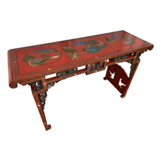 Late 20th Century Oriental Red Lacquer and Chinoiserie Decorated Console Table For Sale