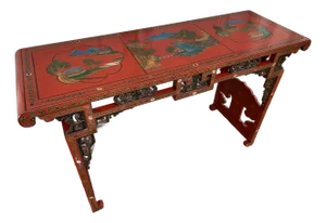 Late 20th Century Oriental Red Lacquer and Chinoiserie Decorated Console Table