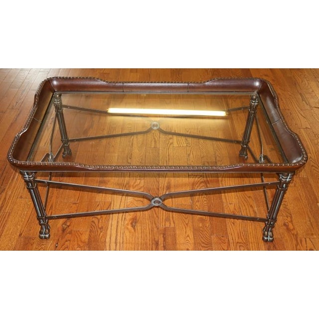 Maitland Smith Regency Style Leather Wrapped Glass Top Cocktail Coffee Table Measures 19.50 In H x 50 In W x 34 In D Good...