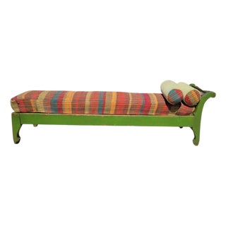 19thc Green Painted Green Day Bed W/ Custom Made Rag Rug Cushions For Sale